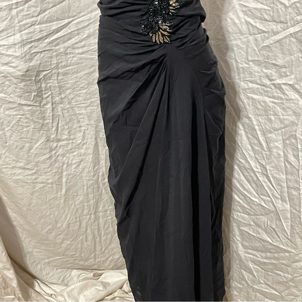 Badgley Mischka Collection black silk strapless ruched side sequin fitted dress - Picture 5 of 13